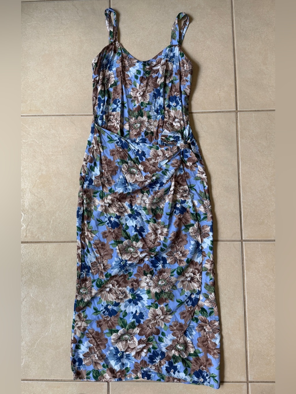 Vintage Spoiled Girls Floral Wrap Midi Dress Medium M Blue Brown Rayon USA Made